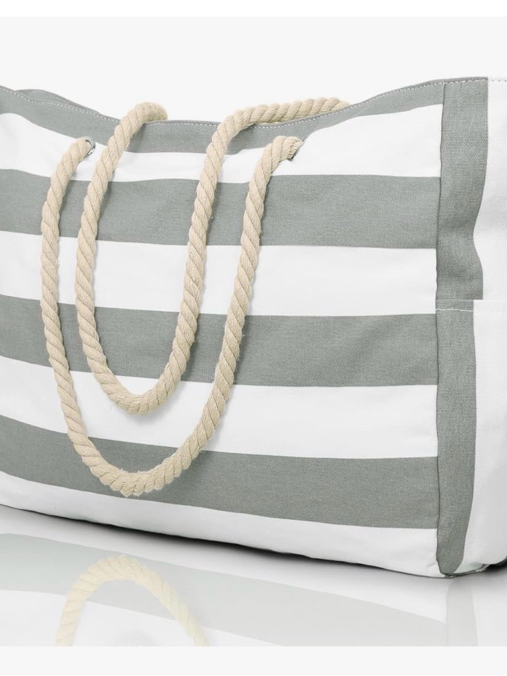 Striped Canvas Tote Bag with Rope Handles - White & Grey